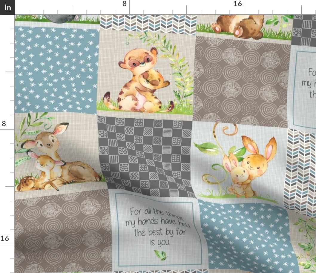 Mama + Baby Animals Patchwork Quilt Top - Baby Blanket Panel- Putty, Dark Gray, Pond Blue, Cream