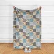 Mama + Baby Animals Patchwork Quilt Top ROTATED - Baby Blanket Panel- Putty, Dark Gray, Pond Blue, Cream