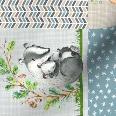 Mama + Baby Animals Patchwork Quilt Top ROTATED - Baby Blanket Panel- Putty, Dark Gray, Pond Blue, Cream