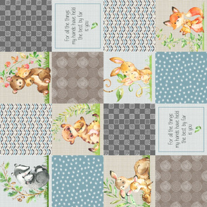 Mama + Baby Animals Patchwork Quilt Top ROTATED - Baby Blanket Panel- Putty, Dark Gray, Pond Blue, Cream
