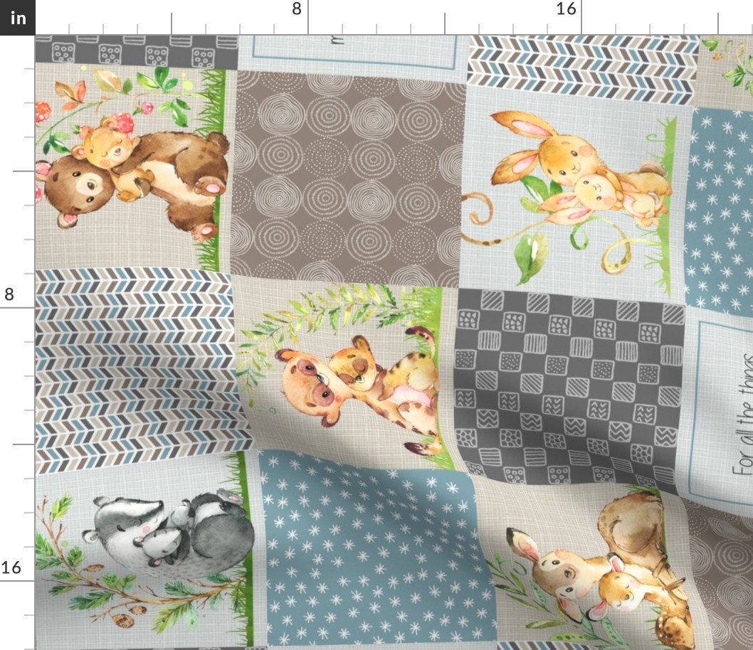 Mama + Baby Animals Patchwork Quilt Top ROTATED - Baby Blanket Panel- Putty, Dark Gray, Pond Blue, Cream