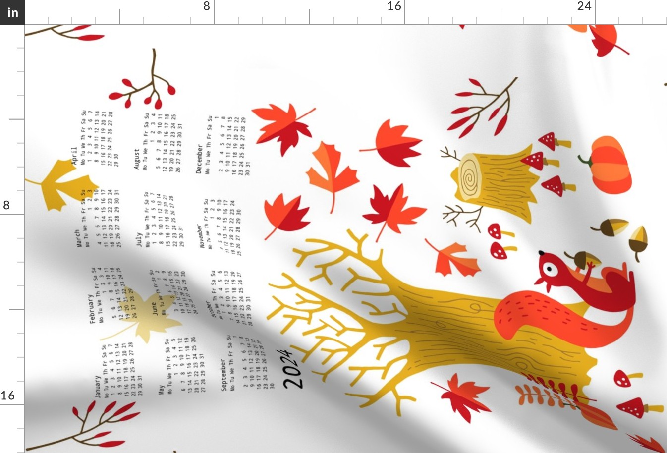Fall squirrel Tea Towel Calendar 2024 (white)