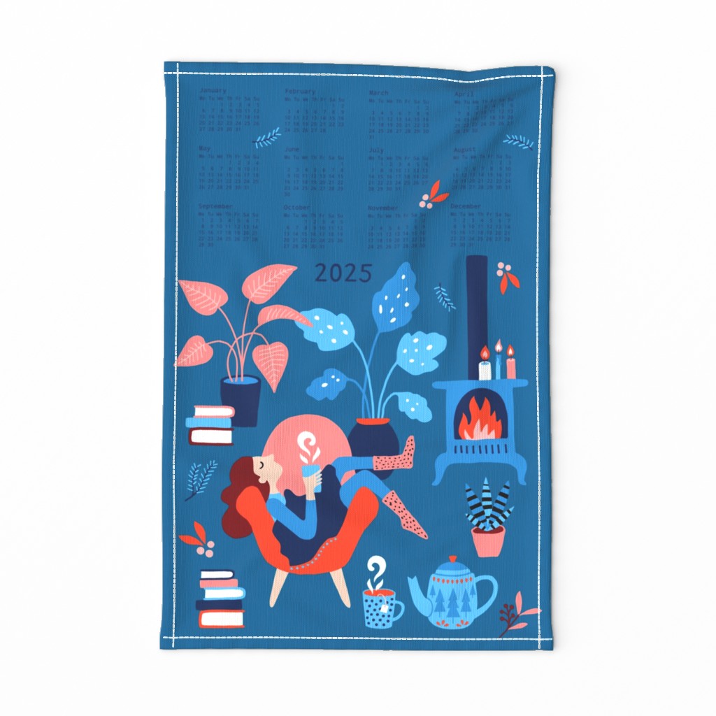 Hygge winter living room tea towel calendar 2024