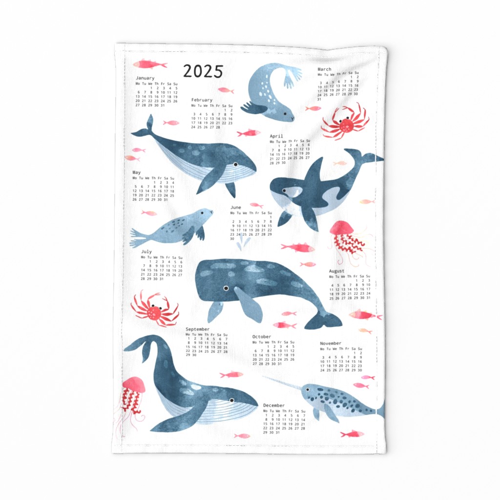 Whales ocean in watercolor Tea Towel Calendar 2024