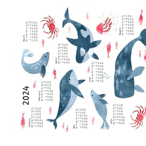 Whales ocean in watercolor Tea Towel Calendar 2023