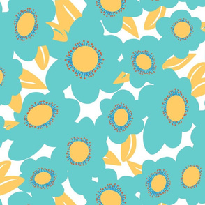 Light Blue/Teal Floral with Yellow Leaves