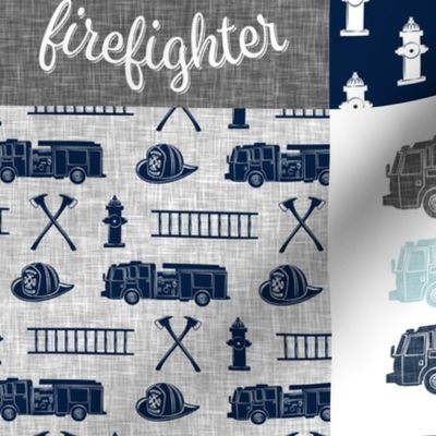 firefighter wholecloth - patchwork - navy,pink plaid, and grey - future firefighter grey