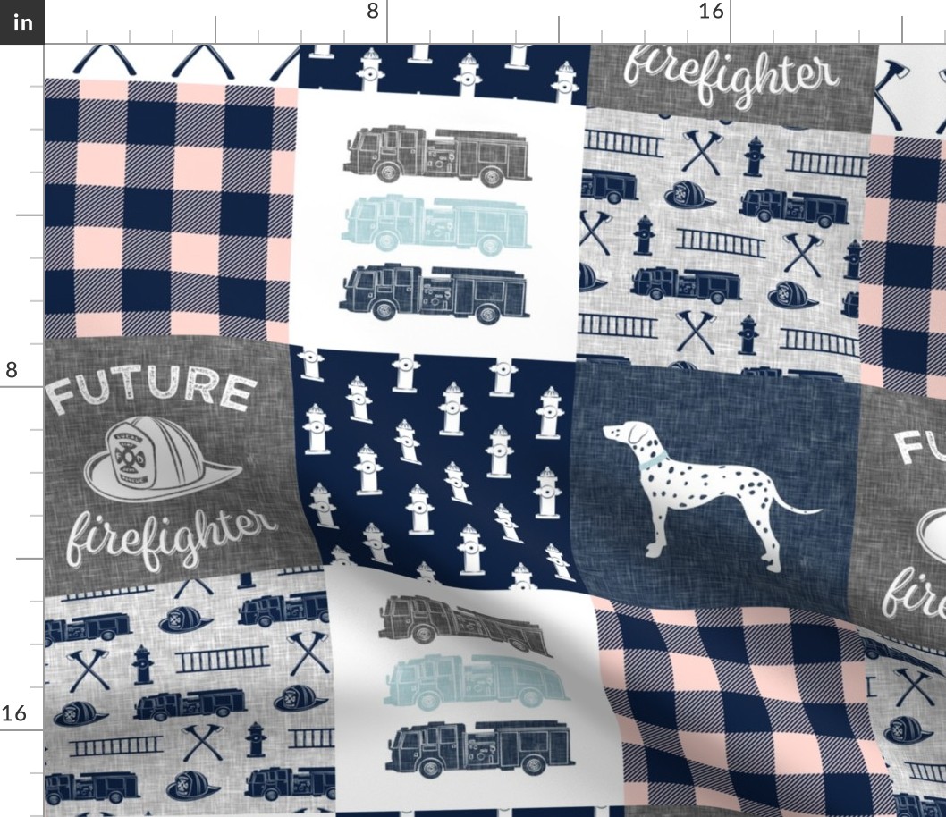 firefighter wholecloth - patchwork - navy,pink plaid, and grey - future firefighter grey