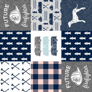 firefighter wholecloth - patchwork - navy,pink plaid, and grey - future firefighter grey (90)