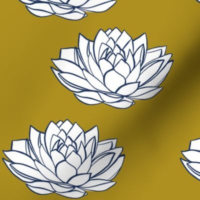 Navy and white lotus on mustard