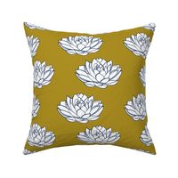 Navy and white lotus on mustard