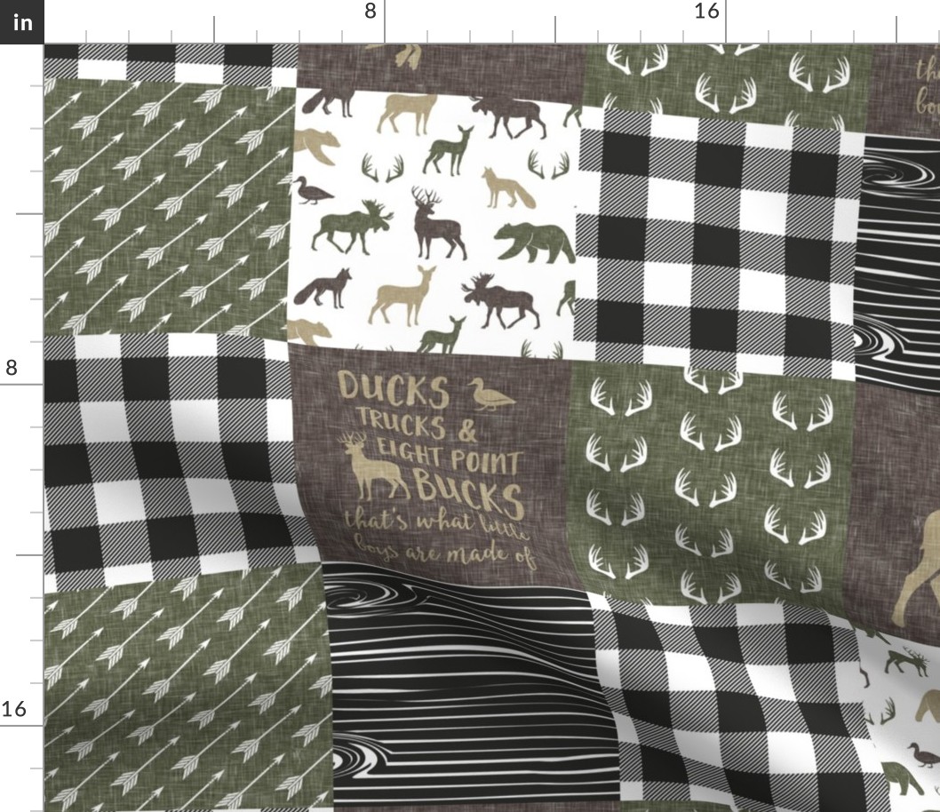 Ducks, Trucks, and Eight Point bucks - patchwork -  woodland wholecloth - buffalo check green and brown duck & buck