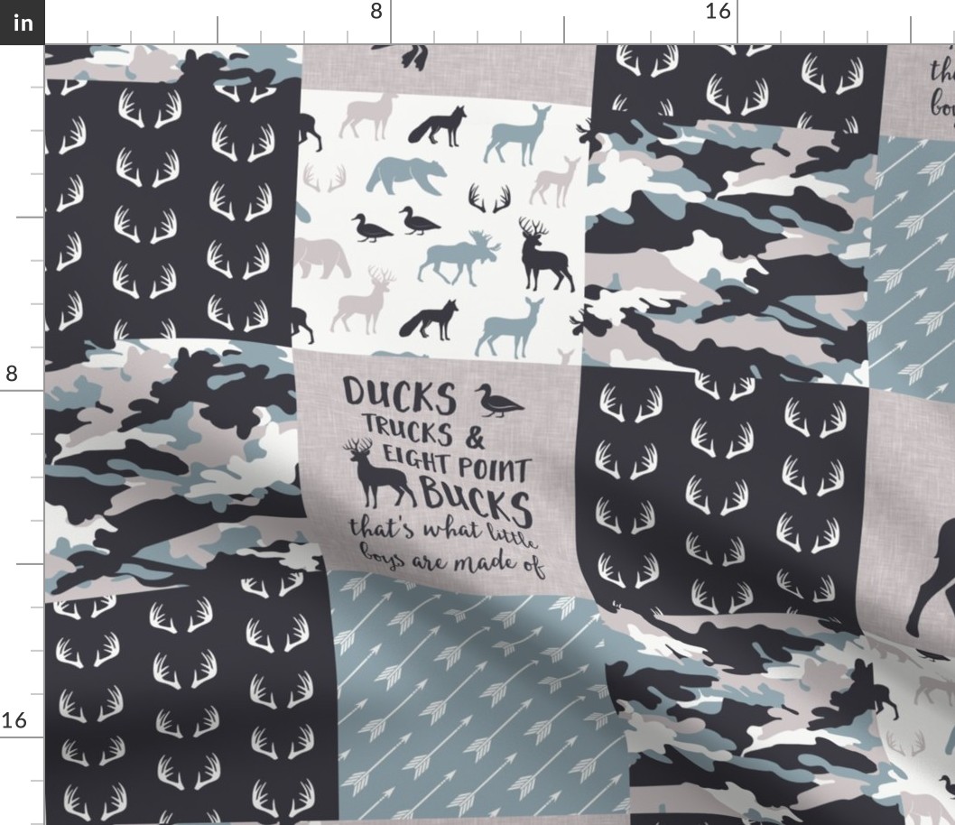 Ducks, Trucks, and Eight Point bucks - patchwork - woodland wholecloth - camo dusty blue duck & buck (90)