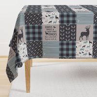 Ducks, Trucks, and Eight Point bucks - patchwork - woodland wholecloth - buffalo check dusty blue duck & buck (90)