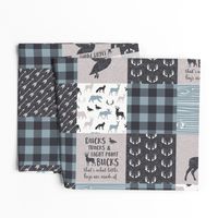 Ducks, Trucks, and Eight Point bucks - patchwork - woodland wholecloth - buffalo check dusty blue duck & buck (90)