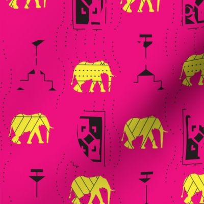 African Elephants Yellow on Hot Pink