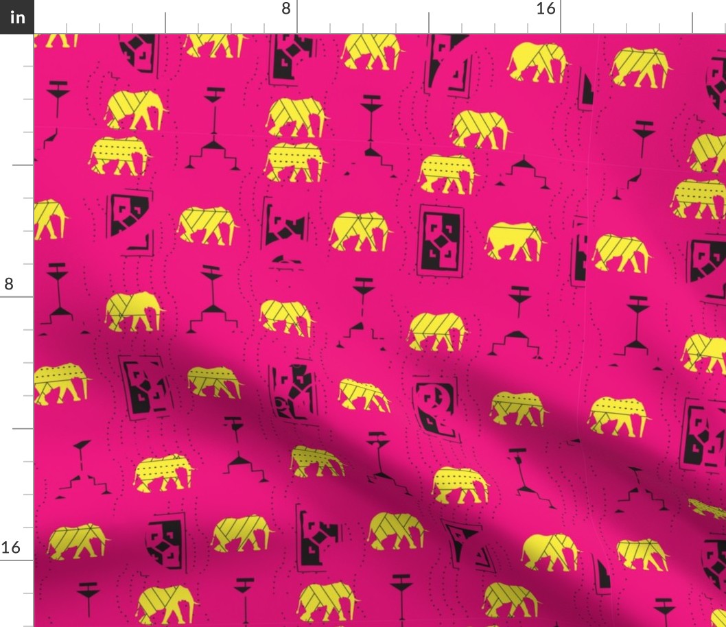 African Elephants Yellow on Hot Pink