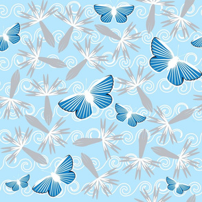 Blue Butterflies Gray Flowers on Blue Swirls