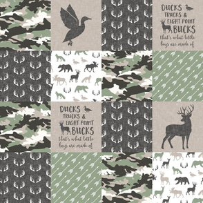 Ducks, Trucks, and Eight Point bucks - patchwork - woodland wholecloth - buck and duck  camo sage