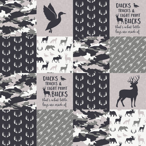 Ducks, Trucks, and Eight Point bucks - patchwork - woodland wholecloth - camo grey on grey duck & buck