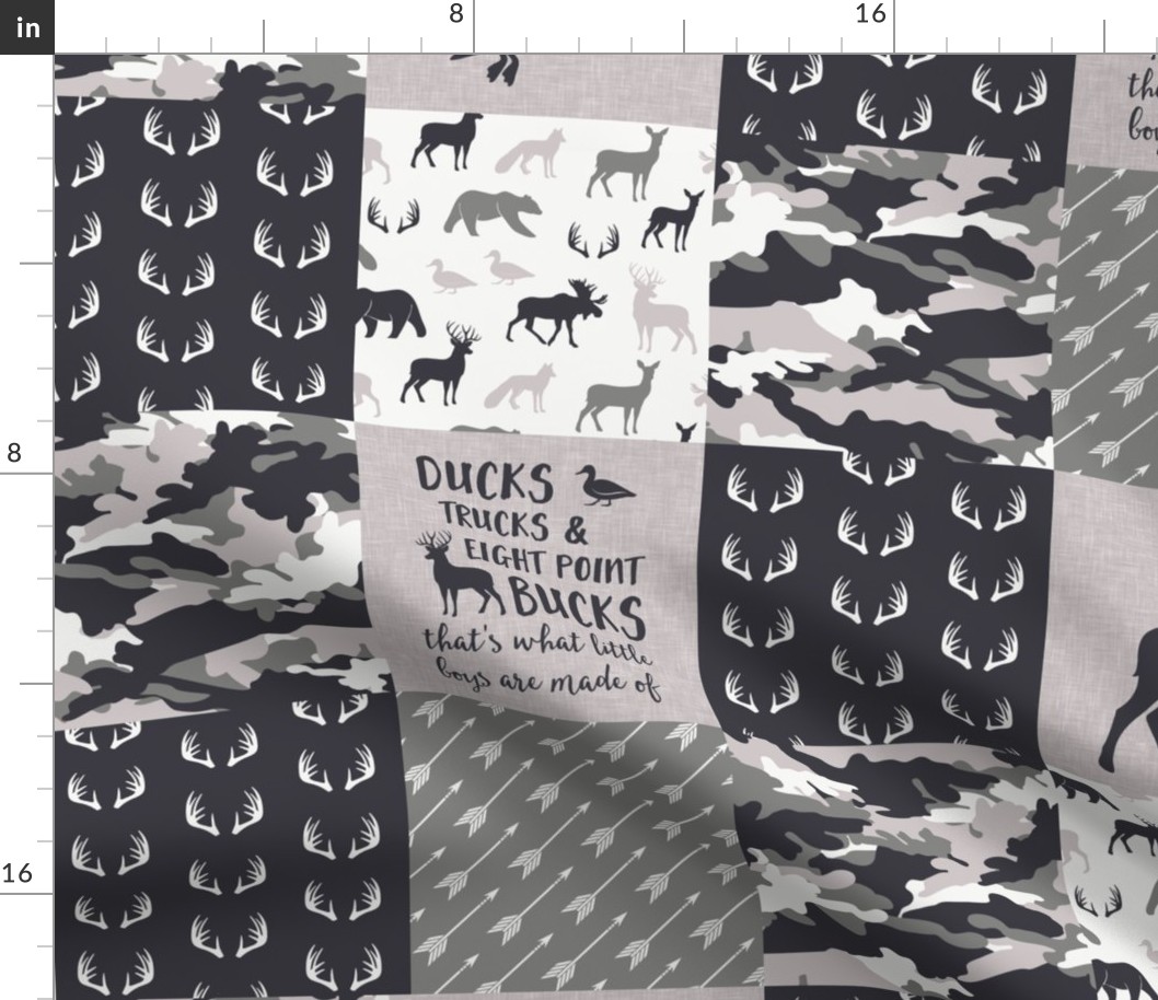 Ducks, Trucks, and Eight Point bucks - patchwork - woodland wholecloth - camo grey on grey duck & buck