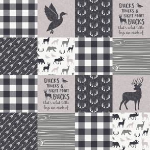 Ducks, Trucks, and Eight Point bucks - patchwork - woodland wholecloth - plaid grey on grey duck & buck