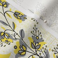 Birds of a Feather Quilting in Yellow and Gray Pantone 2021 with Black and White on Textured Yellow Background