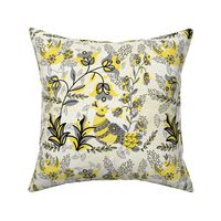 Birds of a Feather Quilting in Yellow and Gray Pantone 2021 with Black and White on Textured Yellow Background