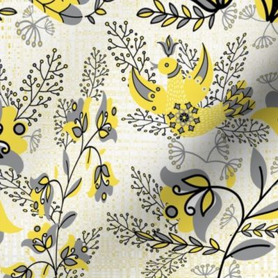 Birds of a Feather Quilting in Yellow and Gray Pantone 2021 with Black and White on Textured Yellow Background