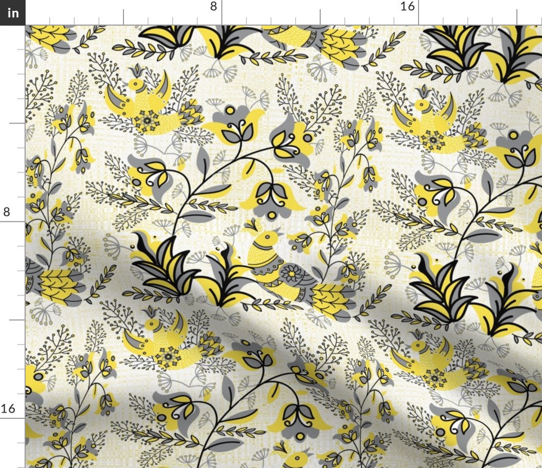 Birds of a Feather Quilting in Yellow and Gray Pantone 2021 with Black and White on Textured Yellow Background