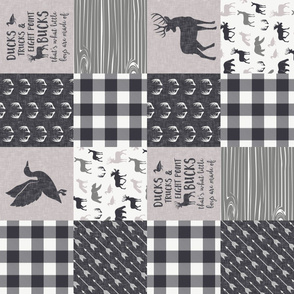 Ducks, Trucks, and Eight Point bucks - patchwork - woodland wholecloth - plaid grey on grey duck & buck (90)