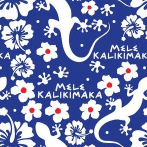 Hawaiian Christmas with Geckos and Flowers in Blue and White