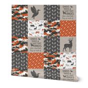 Ducks, Trucks, and Eight Point bucks - patchwork - woodland wholecloth - camo orange  duck & buck