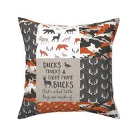 Ducks, Trucks, and Eight Point bucks - patchwork - woodland wholecloth - camo orange  duck & buck