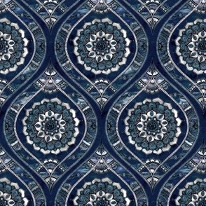 Just Before Dawn - Boho Mandala Ogee Doodle Pattern on Navy Blue small print
