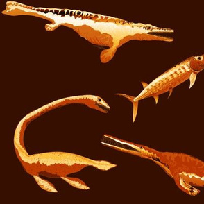 Four extinct sea monsters in gold and browns