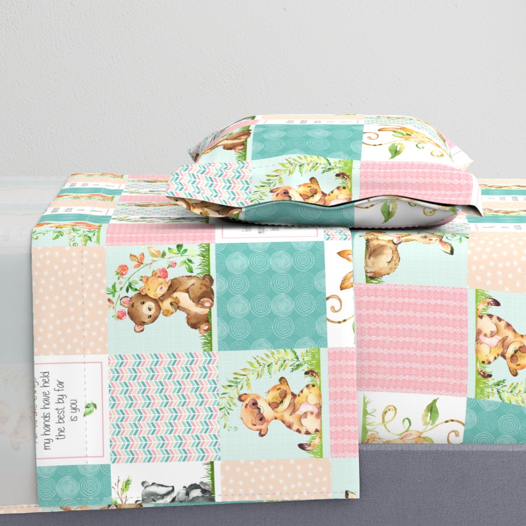 Nursery Quilt Top - Wholecloth Patchwork Animals Baby Girl- Pink, Aqua, Blush