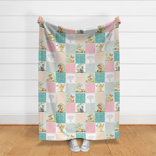 Nursery Quilt Top - Wholecloth Patchwork Animals Baby Girl- Pink, Aqua, Blush