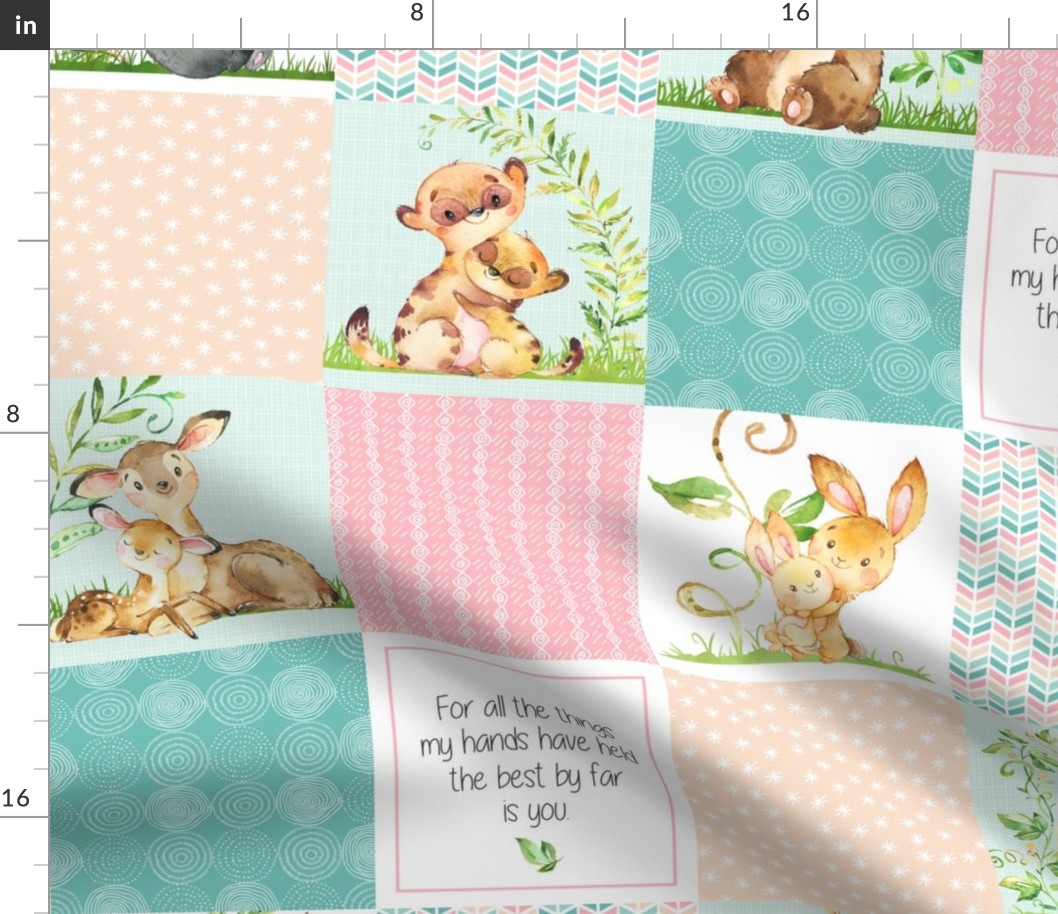 Nursery Quilt Top - Wholecloth Patchwork Animals Baby Girl- Pink, Aqua, Blush