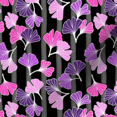 Bright Pink and Purple Ginkgos on Black Stripe