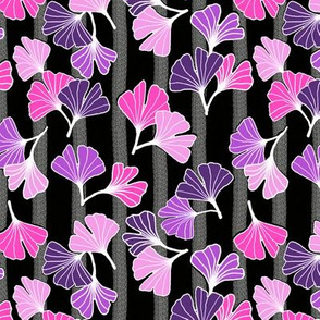 Bright Pink and Purple Ginkgos on Black Stripe