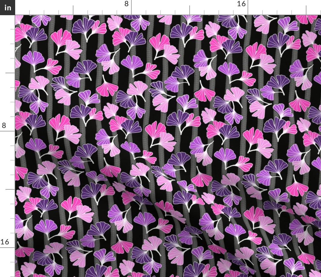 Bright Pink and Purple Ginkgos on Black Stripe