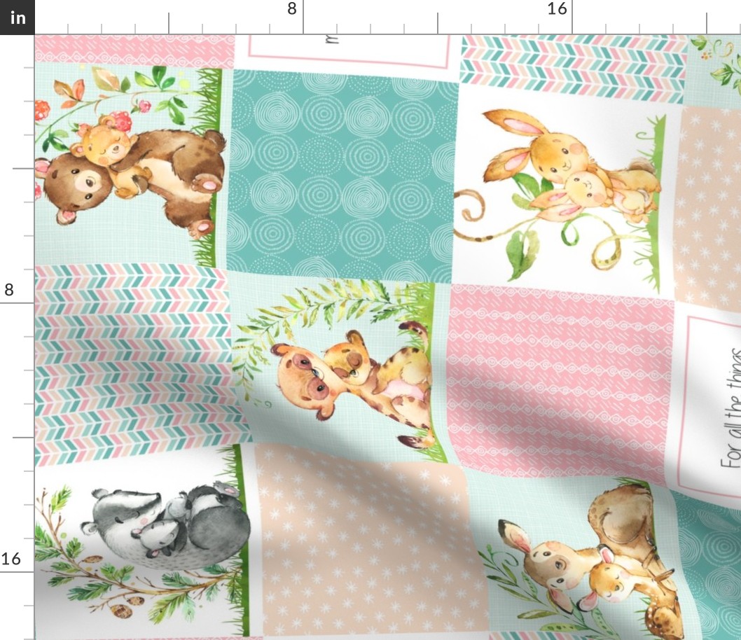 Nursery Quilt Top ROTATED- Wholecloth Patchwork Animals Baby Girl- Pink, Aqua, Blush