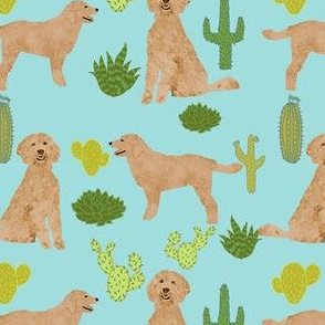 doodle dog cactus fabric // cactus dog fabric, doodle dog fabric, goldendoodle fabric, cute dog fabric, dog breeds fabric, dog fabric - light blue
