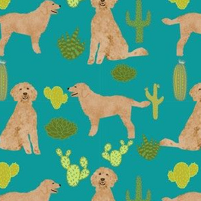 doodle dog cactus fabric // cactus dog fabric, doodle dog fabric, goldendoodle fabric, cute dog fabric, dog breeds fabric, dog fabric - turquoise