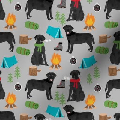 black lab dog camping fabric // labrador fabric, black lab fabric, black labrador fabric, camping fabric, cute dog, dog breeds fabric, - grey