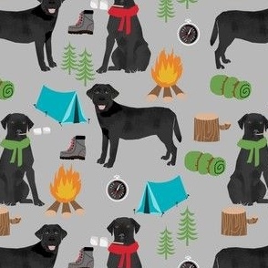 black lab dog camping fabric // labrador fabric, black lab fabric, black labrador fabric, camping fabric, cute dog, dog breeds fabric, - grey