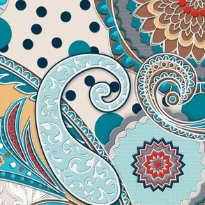 Paisley Mandala aqua cream teal red  XL