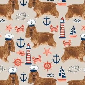cocker spaniel nautical fabric // nautical sailing sailor dog, cocker spaniel fabric, dog fabric, spaniel fabric by the yard, nautical fabric by the yard, home decor fabric - tan