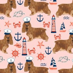 cocker spaniel nautical fabric // nautical sailing sailor dog, cocker spaniel fabric, dog fabric, spaniel fabric by the yard, nautical fabric by the yard, home decor fabric -  pink